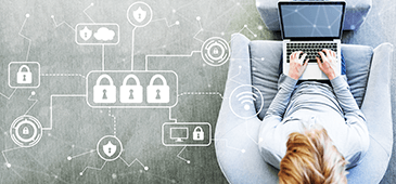 FAQ Security 365X170 Woman using laptop and featuring security icons
