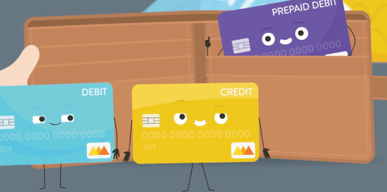 Debit card, credit card and prepaid card in wallet