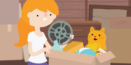 18 Insurance 553X275 Jen looking at at old film with her cat