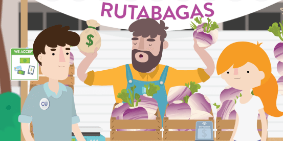 Jen and CU guy buying rutabagas from farmer Carl