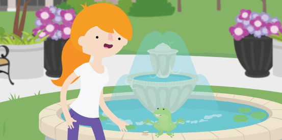 Jen and Frank the frog talking about savings by a fountain