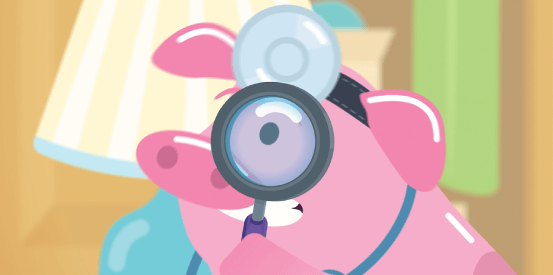 Pig looking through magnifying glass