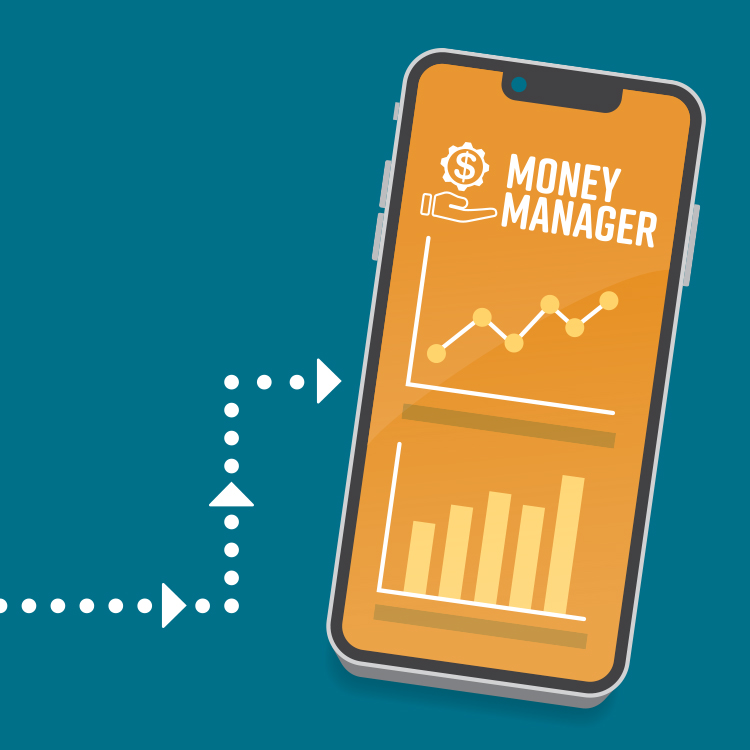 blue background with white does and arrows leading to an illustration of a smartphone with money manager and sample charts displayed on it