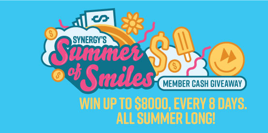 Synergy CU custom illustrations of dollar signs, happy faces, flowers for Synergy's Summer of Smiles member cash giveaway