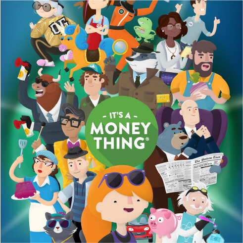 collage of characters from It's A Money Thing Academy presented by Synergy Credit Union