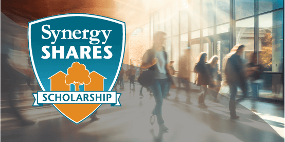students walking in a hallway; Synergy Shares Scholarship logo